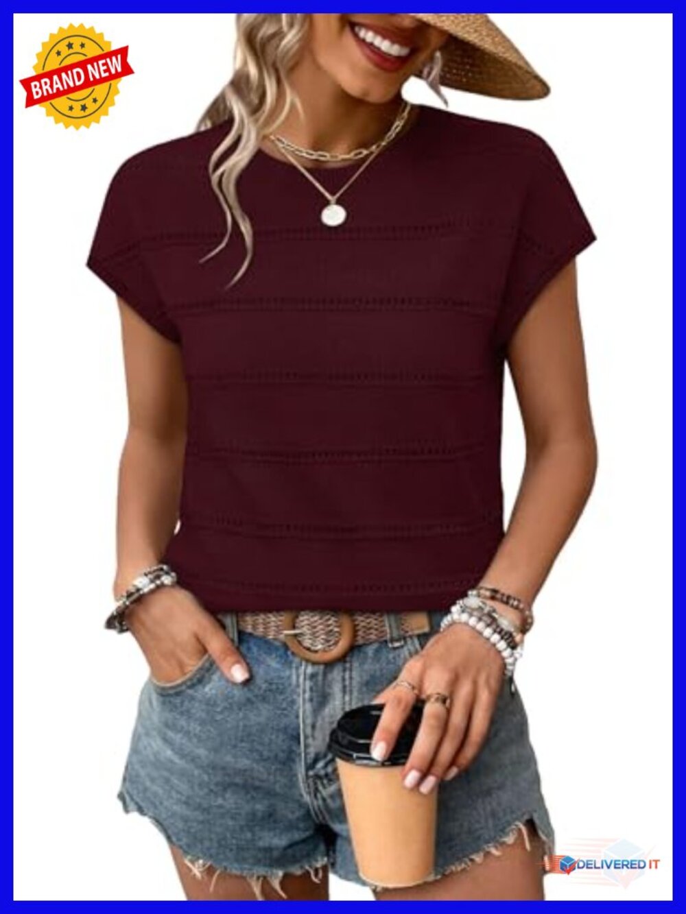 Womens Knit Top Cap Sleeve Hollow Out Crew Neck Sweater Blouse Lightweight